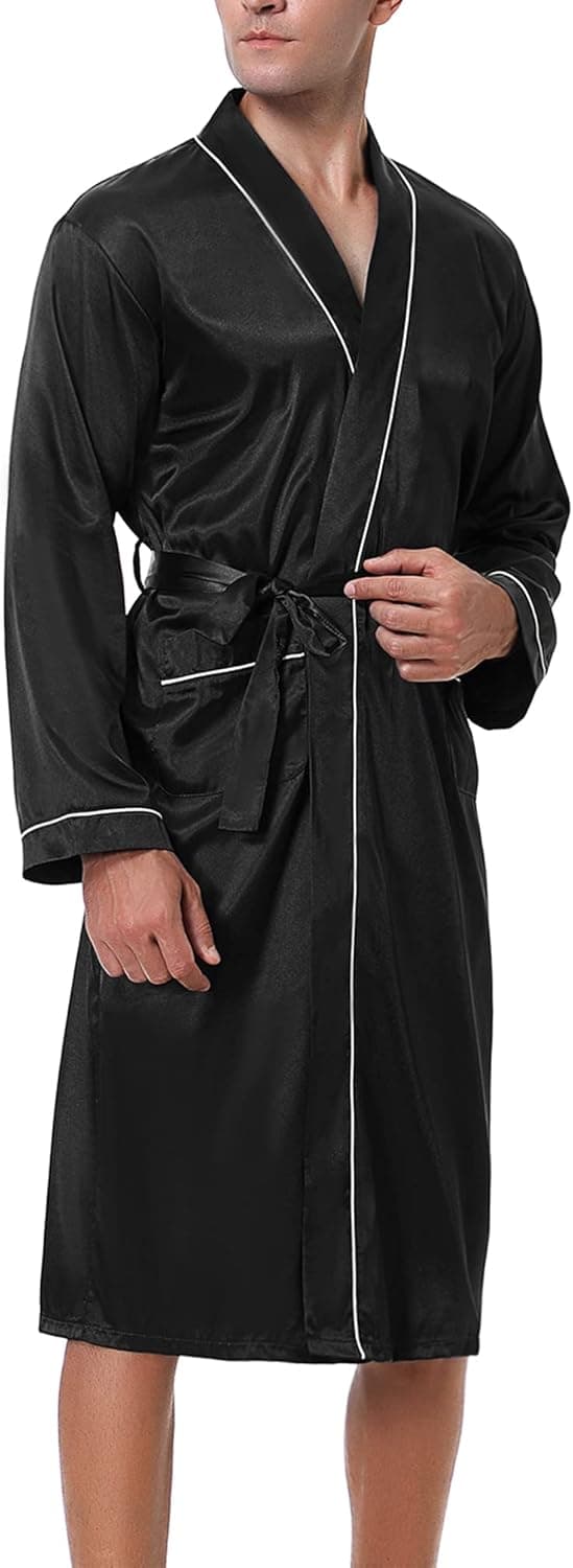 Detalle de Bresdk peignoir homme en satin léger à manches longues avec ceinture ajustable