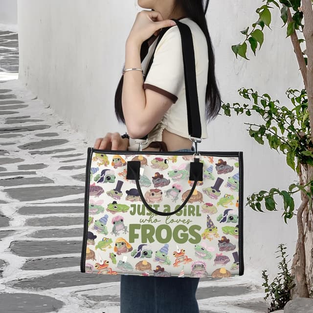 Detalle de LEVLO Funny Frog cotton canvas make-up bag – Just A Girl Who Loves Frogs zipper pouch