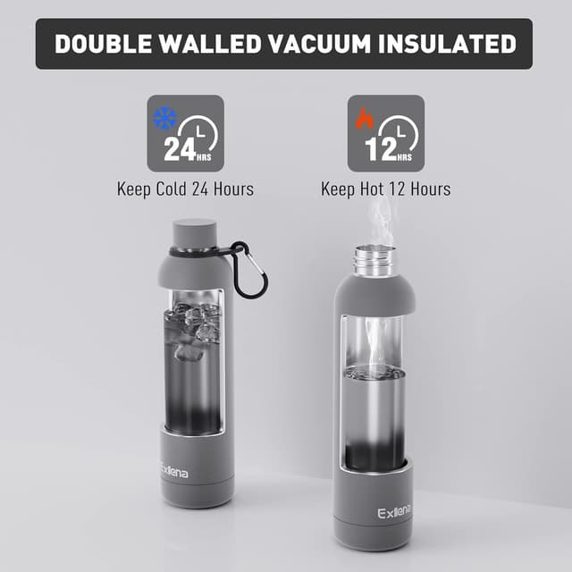 Detalle de Exllena 1L Insulated Water Bottle with Clip (Grey) – Double-Wall Vacuum for Cold up to 24 Hours
