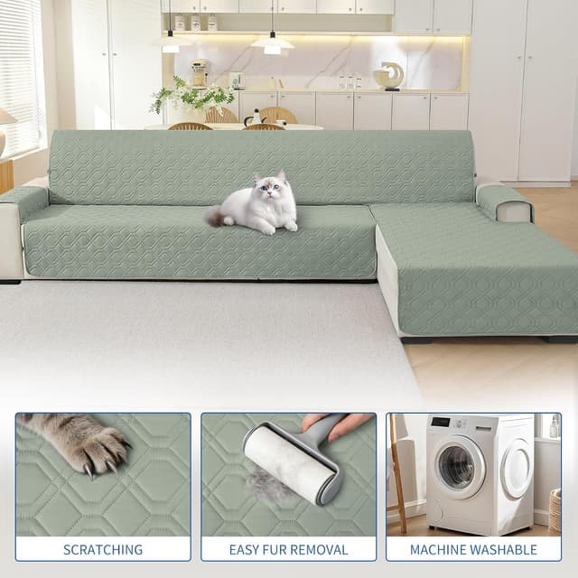 Thumbnail 6 de YSTELLAA Impermeabile copridivano 3 posti con penisola reversibile (destra/sinistra) antiscivolo e antigraffio, verde chiaro