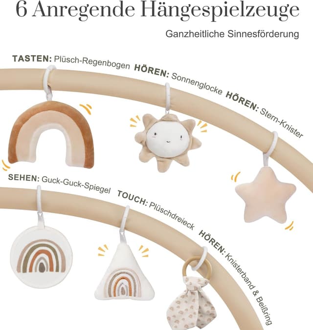 Detalle de Mallify Spielbogen Baby Mädchen – Krabbeldecke mit 6 abnehmbaren Spielzeugen und 12 Meilensteinkarten