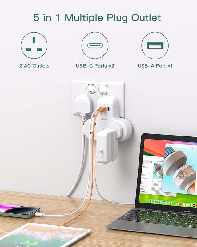 Detalle de PD 20W double plug extension with 3 USB