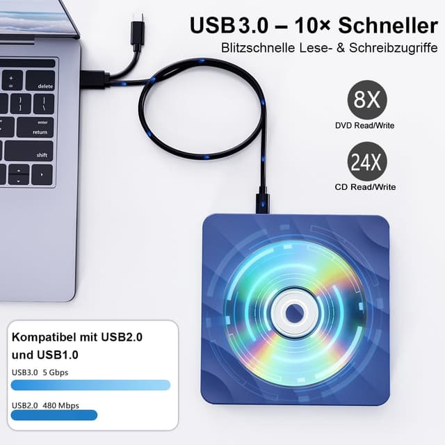 Detalle de QDSYLQ externes USB DVD-/CD-Laufwerk (DVD Brenner, CD +/-RW) für Windows und Mac