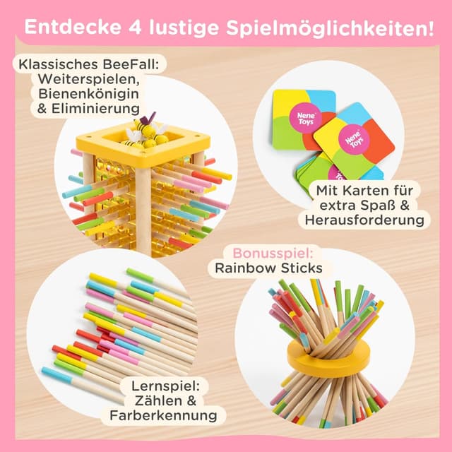 Thumbnail 2 de Nene Toys BeeFall Bienen Geschicklichkeitsspiel (4-in-1) mit Würfel, Aktionskarten & Rainbow Sticks – Holz-Turmspiel für Kinder ab 3