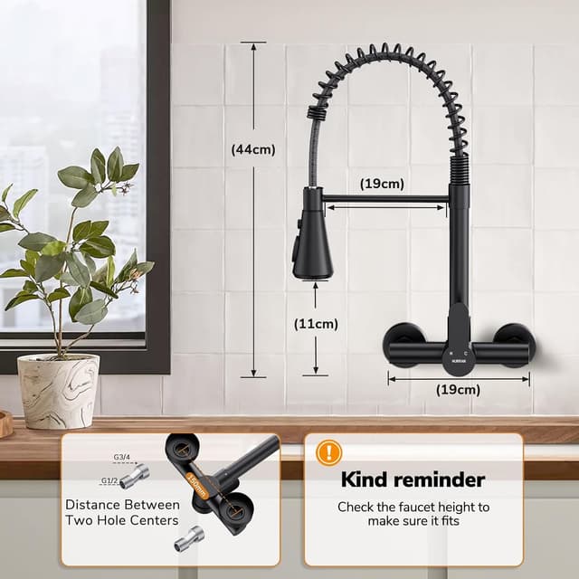 Detalle 2 de HURRAN Rubinetto Cucina a Muro con 3 modalità, monocomando girevole 360° e finitura nero opaco