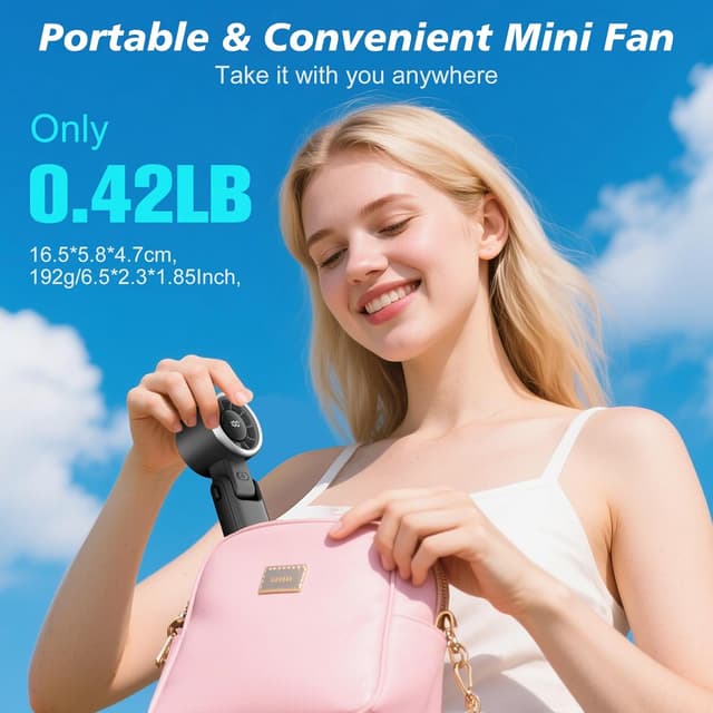 Detalle 2 de WHATOOK Handheld Rechargeable Fan (5-speed, LED display, foldable desk/hand design)