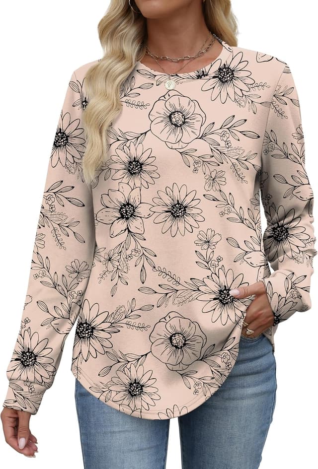 Detalle de WIHOLL women’s curved hem crewneck long sleeve sweatshirt jumper tops (lightweight)