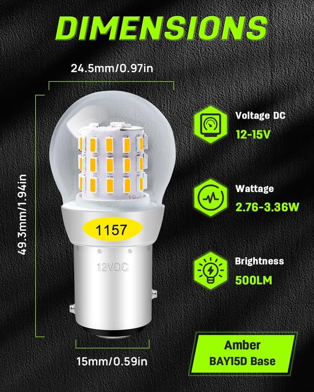 Detalle de Defvnsy 2x Amber/Yellow 1157 BAY15D LED Indicator Bulbs (P21/5W) for 12V DC – Turn signal, marker and more