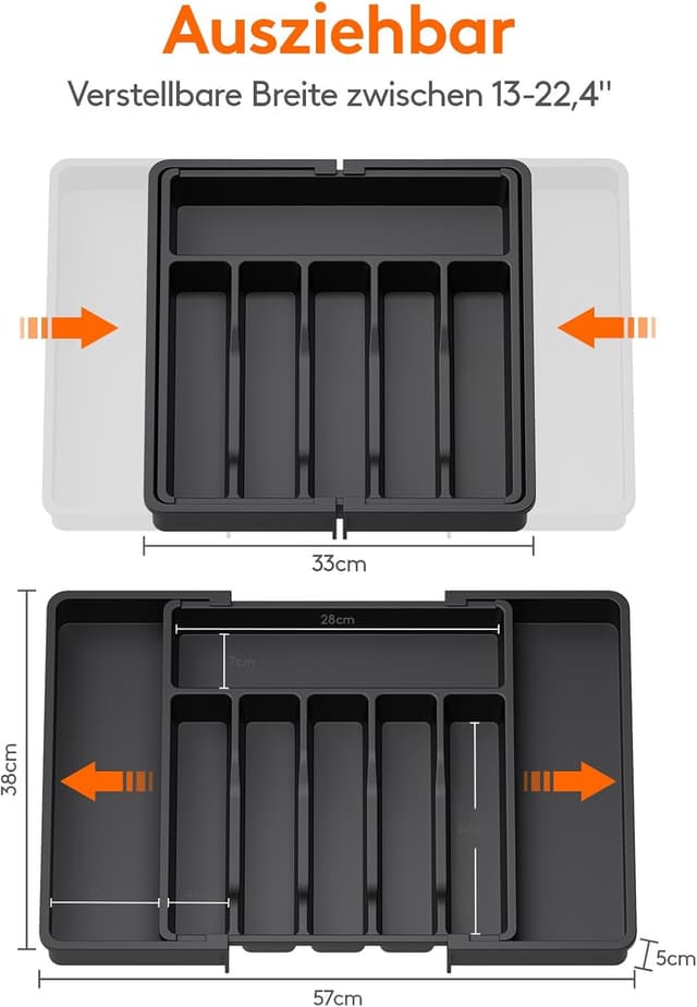 Detalle de Lifewit Besteckkasten für Schubladen (40–50) – verstellbarer Küchen-Organizer, erweiterbar bis 57 cm, 6–8 Fächer, Schwarz