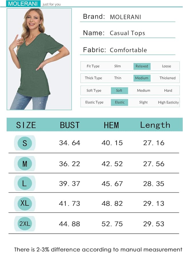 Detalle 2 de MOLERANI T-shirt femme d’été à manches courtes en tissu extensible, col V et style boho noir (jusqu’en 2XL)