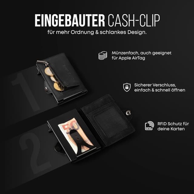 Detalle de CARD Nine! Clip Wallet mit RFID-Schutz – Slim Cash Clip Geldbörse mit Kartenetui und Münzfach (Schwarz)