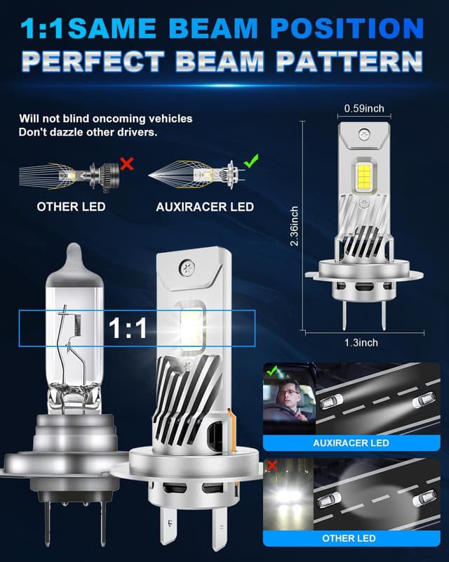 Detalle de AUXIRACER H7 LED sans polarité, 30000 lm, 100 W, 6000 K (2 pièces) pour feux de route et de croisement