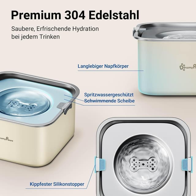 Detalle de DownyPaws Wassernapf für Hunde (ohne Sabbern), 3 L, Anti-Verschluck-Wasser, 304 Edelstahl – beige
