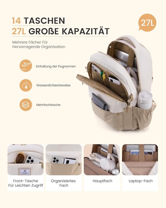 Detalle de LOVEVOOK Damen-Rucksack für Laptop bis 15,6 Zoll – wasserfester Schulrucksack mit vielen Fächern