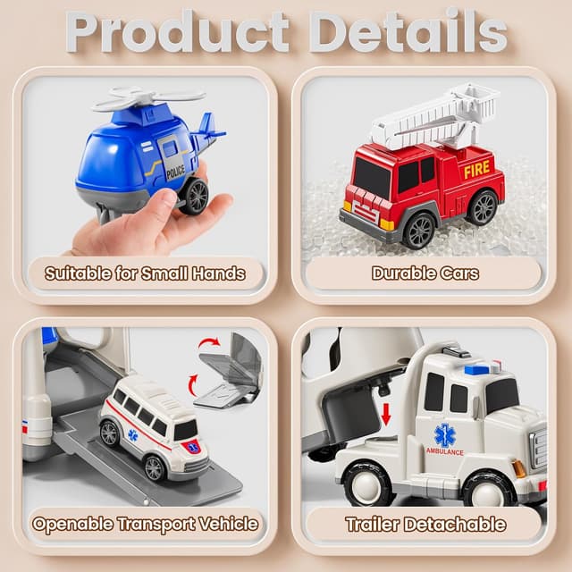Detalle 2 de JUKUDAHU 5-in-1 Play Ambulance Vehicle Set (Friction-Powered Police, Fire, Ambulance + Helicopter)