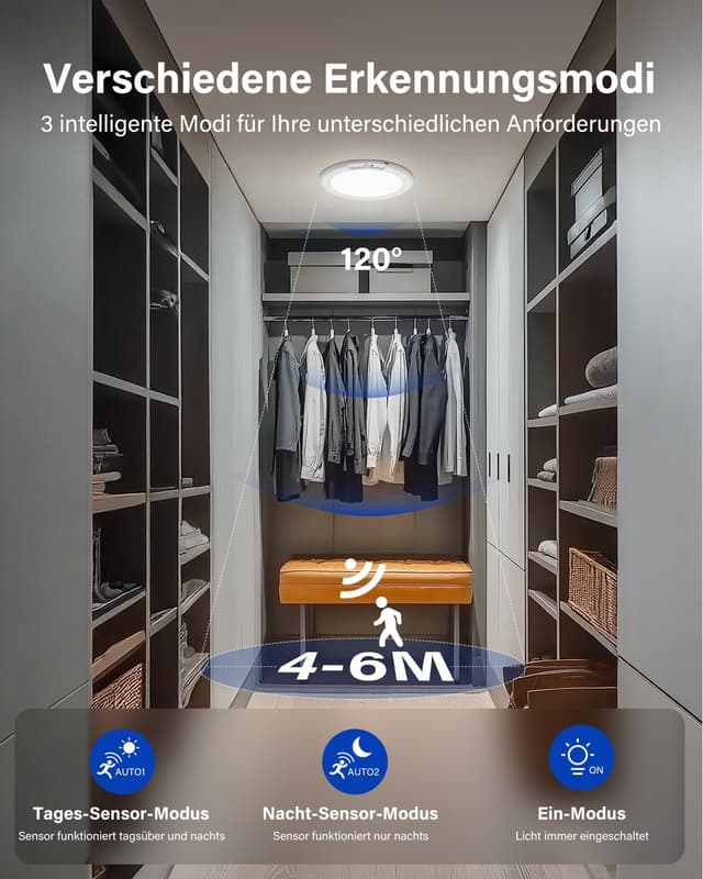 Detalle 2 de Leselux Deckenlampe mit Bewegungsmelder innen, LED Akku-Leuchte (kabellos), 3 Farbtemperaturen & Fernbedienung – 2er-Set