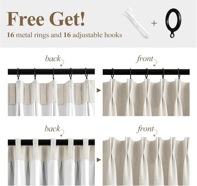 Thumbnail 6 de Pinch Pleated Blackout Linen Curtains (95" Long, 2 Panels) — 100% Blackout Thermal Room Darkening Drapes