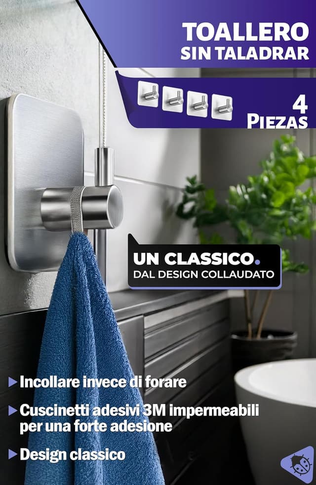 Detalle 2 de Menz Ganci Adesivi Bagno – Set da 4 ganci in acciaio inox V2A, per asciugamani e accappatoi senza forare, argento