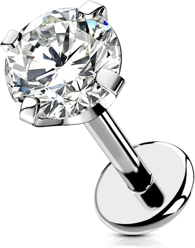 Detalle de OUFER Labret piercing push-in en titane 18G avec pointe CZ transparente (filetage sans, modèles Helix/Tragus/Lèvre)