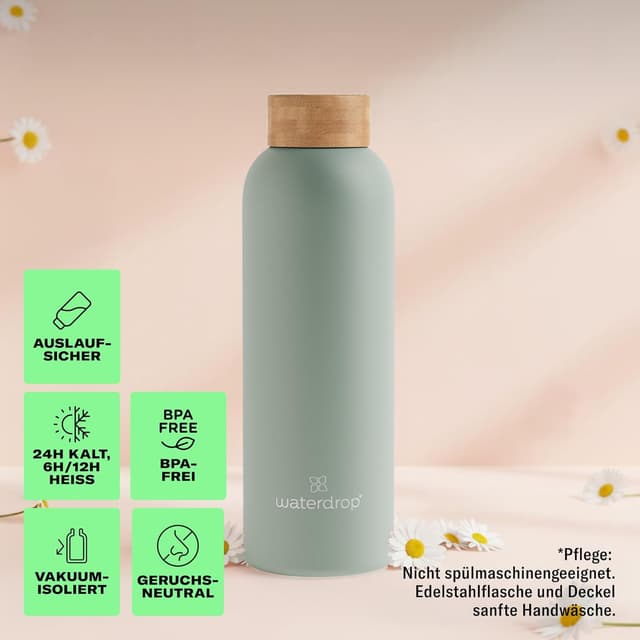 Detalle de waterdrop® Starter Set 600 ml Trinkflasche mit 18 zuckerfreien Microdrinks (Edelstahl, kohlensäuregeeignet)