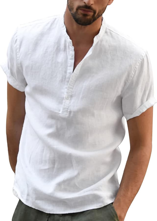 Detalle de YAOBAOLE chemise en lin homme à manches courtes col mao (style henley) pour l’été casual