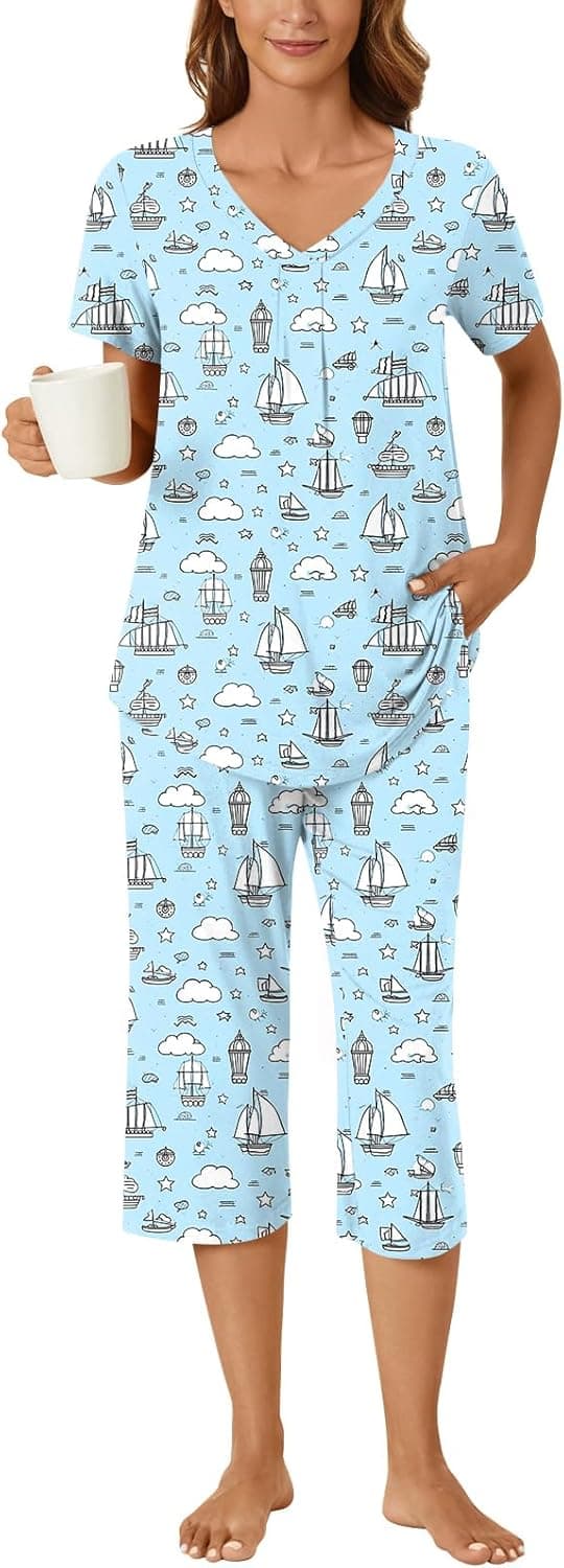 Detalle de Bestbee Women’s 2-Piece Pajama Set (V-Neck Top + Capri Pants with Pockets)