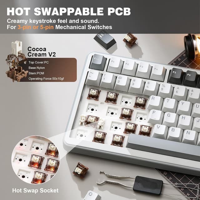 Detalle de YUNZII B75 PRO 75% kabellose mechanische Tastatur mit Drehknopf (BT/2.4G/Type-C), Hot Swap, QWERTY (Cocoa Cream V2, grau)
