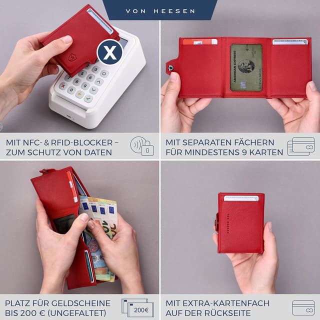 Detalle 2 de VON HEESEN Slim Wallet Rot Saffiano – RFID-geschütztes Slim-Format
