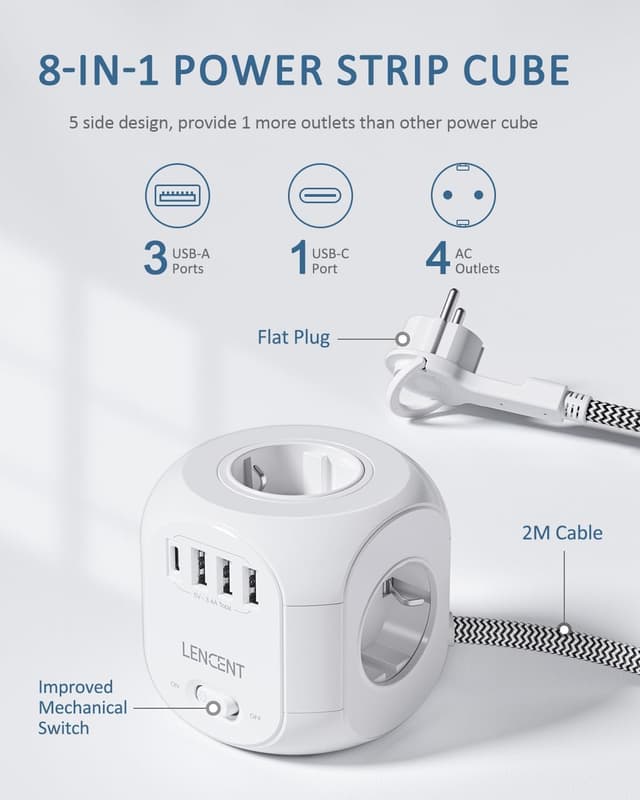 Detalle 2 de LENCENT Steckdosenleiste 2 m Kabel 🔌