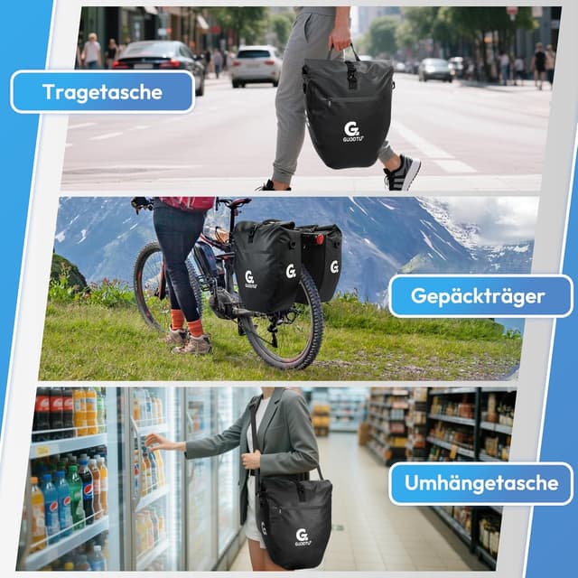 Detalle 2 de GUOOTU 2er-Set Fahrradtaschen für Gepäckträger (56 l) mit Tragegriff, Schultergurt und Reflektoren