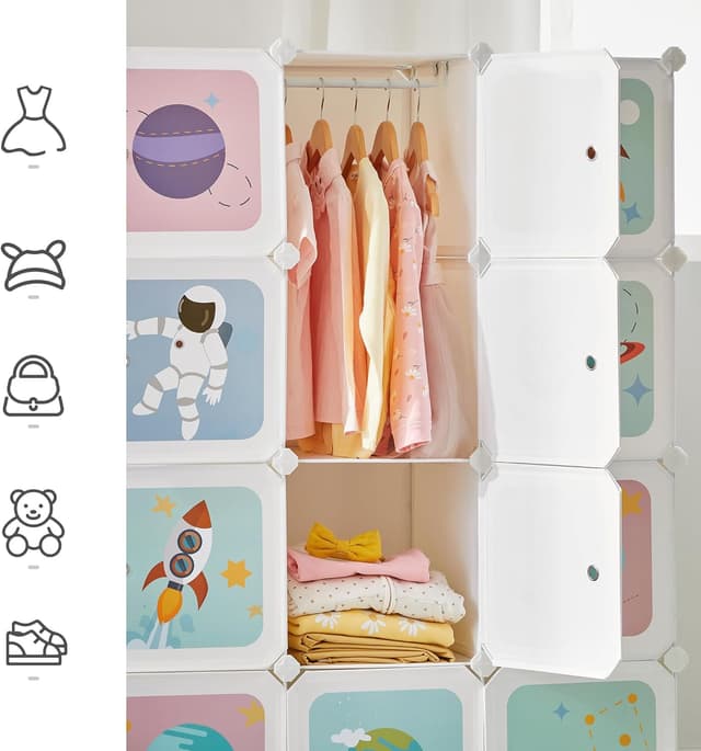Detalle de SONGMICS Armadio modulare per bambini con 16 scomparti e 4 barre appendiabiti (LPC905W01), bianco