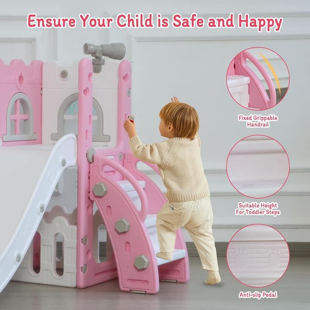 Detalle de LulliSpace 6 in 1 Toddler Slide & Climber with Basketball Hoop, Storage and Telescope