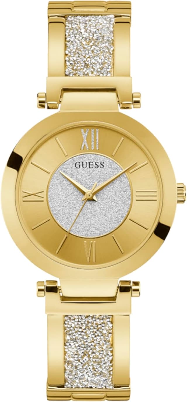 Detalle de GUESS Damen Armbanduhr Aurora – goldfarbenes Edelstahlband, Quarz, Mineralglas, 36,5 mm