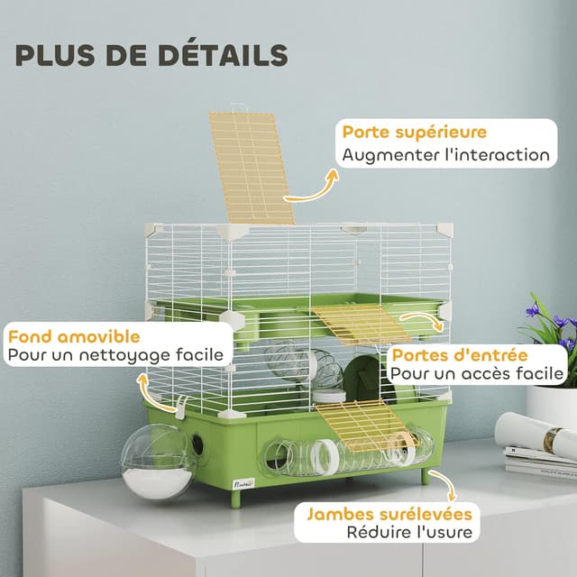 Detalle de PawHut Cage pour Hamster à 2 Niveaux avec roue de course et salle de bain en sable, 44,5 x 28 x 44 cm, vert