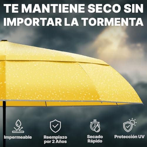 Detalle 2 de Royal Walk paraguas de viaje plegable antiviento con doble toldo ventilado, mango de madera y apertura automática (amarillo, L)