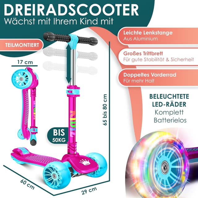 Detalle de KIDIZ Roller Kinder Scooter X-Pro2 – 3-Rad Cityroller mit klappbarem Lenker, LED-Rädern und höhenverstellbarem Trittbrett