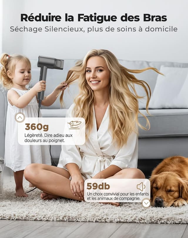 Detalle de Haokoo Sèche-cheveux ionique professionnel 150 000 tr/min – 8 réglages LED, léger et silencieux (noir)