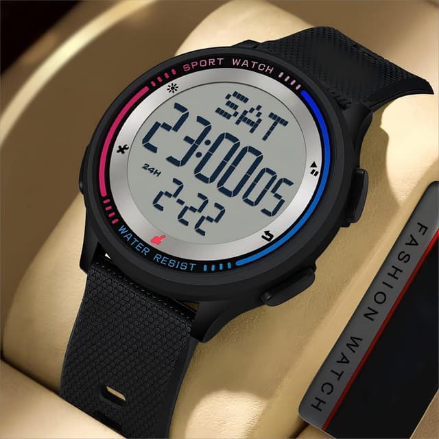 Detalle de findtime Digital-Damenuhr mit 5ATM, Dualzeit & Countdown – Rosa, mit Leuchtziffern