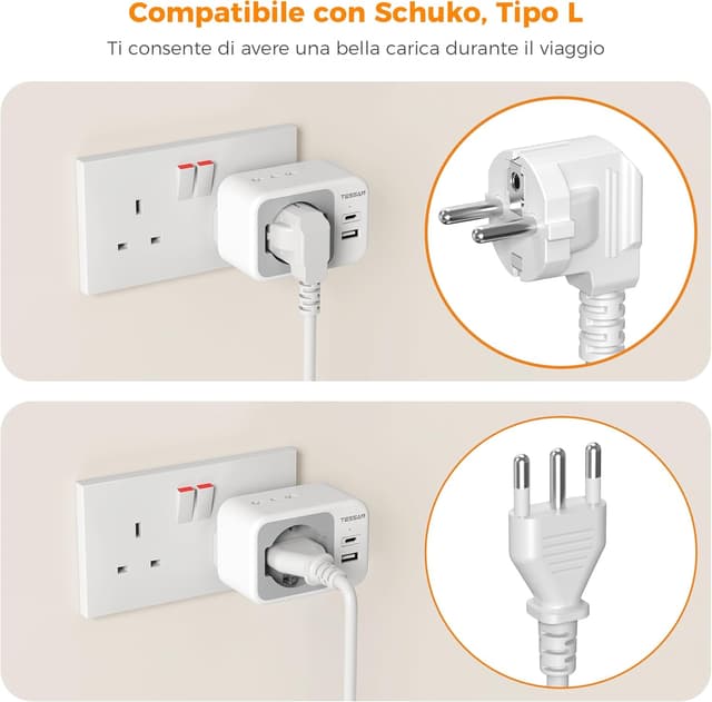 Detalle 2 de TESSAN Adattatore presa Inglese a spina Italiana Pack da 2 (Tipo G) con USB-C e USB-A, 5 in 1