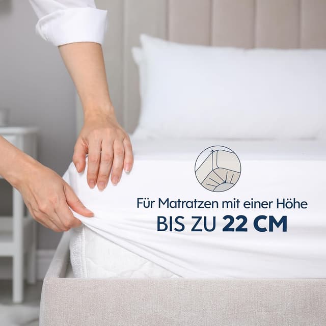 Detalle de Dreamzie Premium Spannbettlaken 90x200 cm – Jersey-Baumwolle bis 22 cm Matratzenhöhe, Oeko-TEX (weiß)