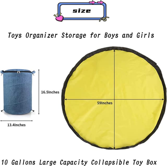 Detalle de Modojuny Kids’ Toy Storage Organizers with Play Mat (Large, Blue) — canvas bin with zipper