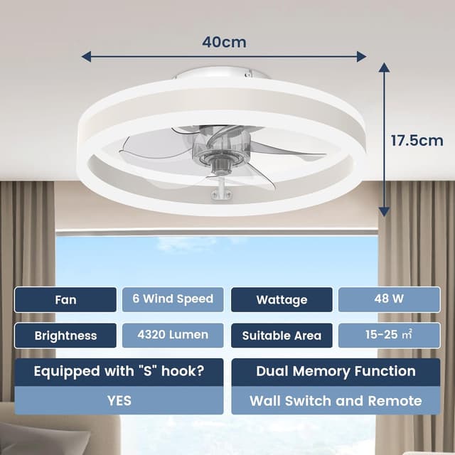 Detalle de Nalezuns Deckenleuchte mit Ventilator: Deckenventilator mit Beleuchtung, 3 Farbtemperaturen & 6 Geschwindigkeiten (Fernbedienung, 40 cm)