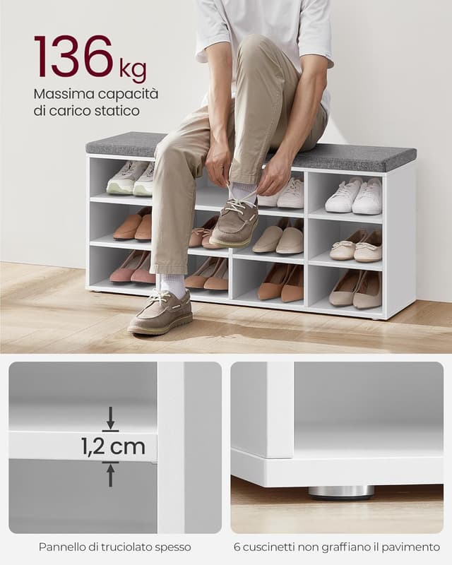 Thumbnail 4 de VASAGLE Panca Scarpiera 30,3x104x48 cm Bianco Grigio