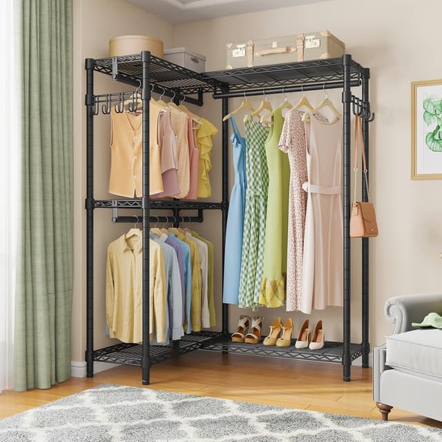 Detalle de VIPEK L4 L-Shaped Garment Rack for Corner Storage with 3 Hanging Rods, 2 Side Hooks (Freestanding)