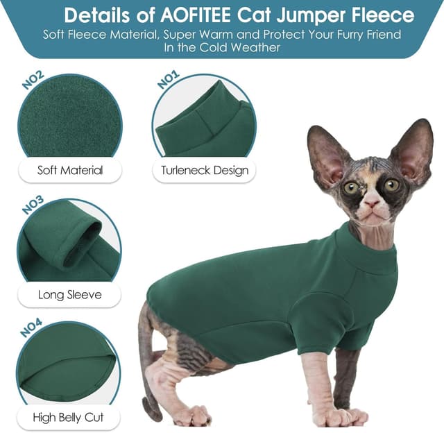 Detalle de AOFITEE Turtleneck Jumper for Cats (Soft Fleece) – Green XL