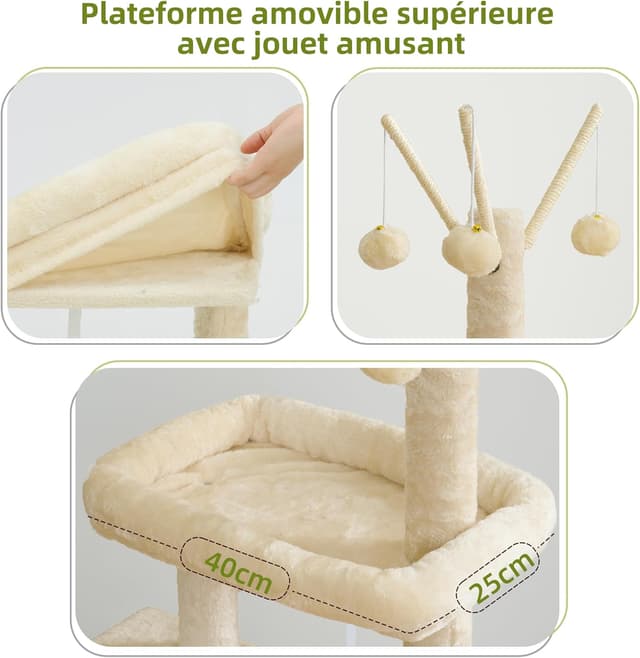 Detalle de Arbre à chat d’intérieur Gitelsnour GCT006SM beige : tour de jeux avec griffoirs, hamac et plateforme amovible