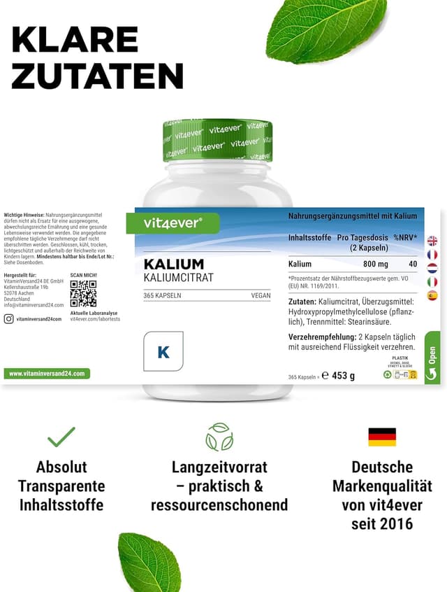 Detalle de vit4ever Kalium Kaliumcitrat 800 mg pro Tagesdosis – 365 Kapseln (6-Monatsvorrat, vegan)