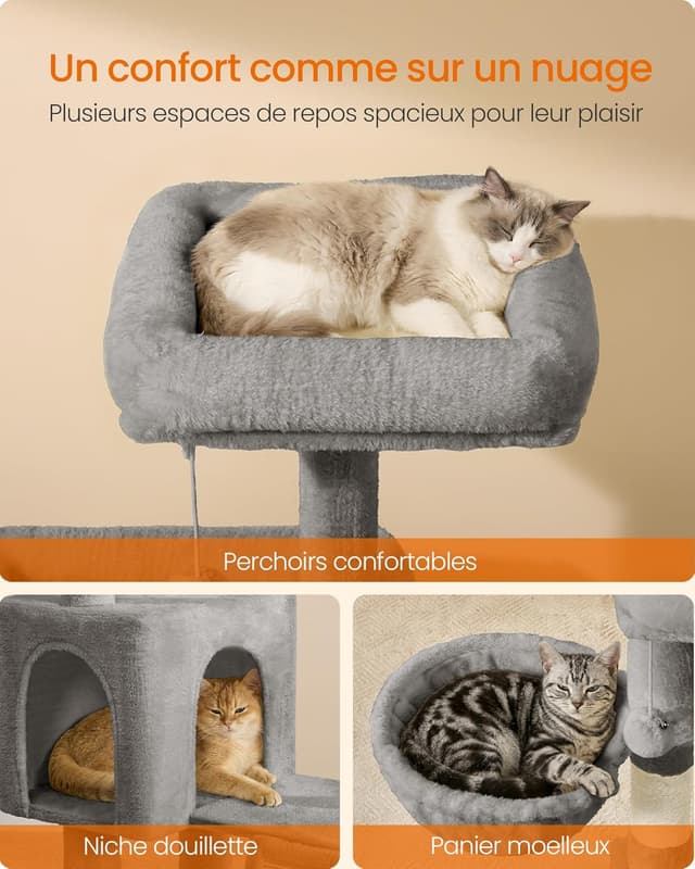 Detalle de Feandrea Arbre à Chat PCT012GD01 : tour intérieure avec 3 plateformes, niche et poteaux à griffer