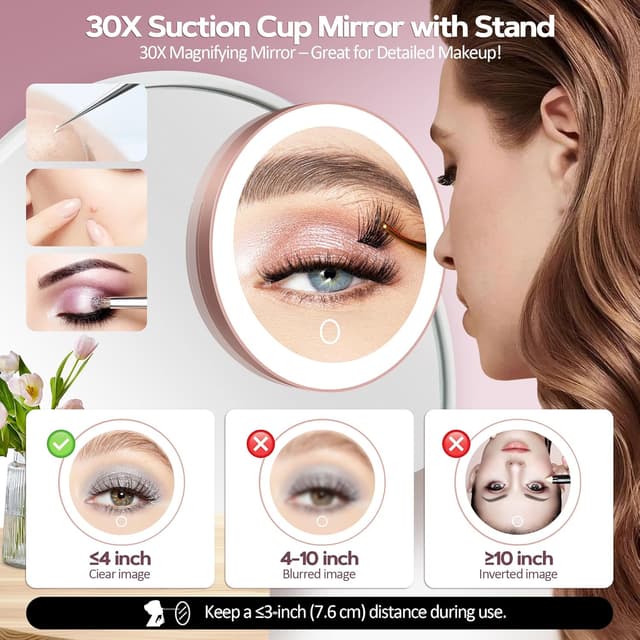 Detalle de MOMOKUBA Vergrößerungsspiegel mit Saugnapf, 30-fach & Beleuchtung (Roségold)