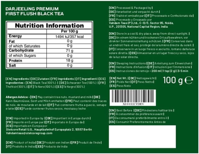 Detalle de VAHDAM Tè Nero First Flush Darjeeling, 50 tazze (100 g) — foglie sciolte dal profilo floreale